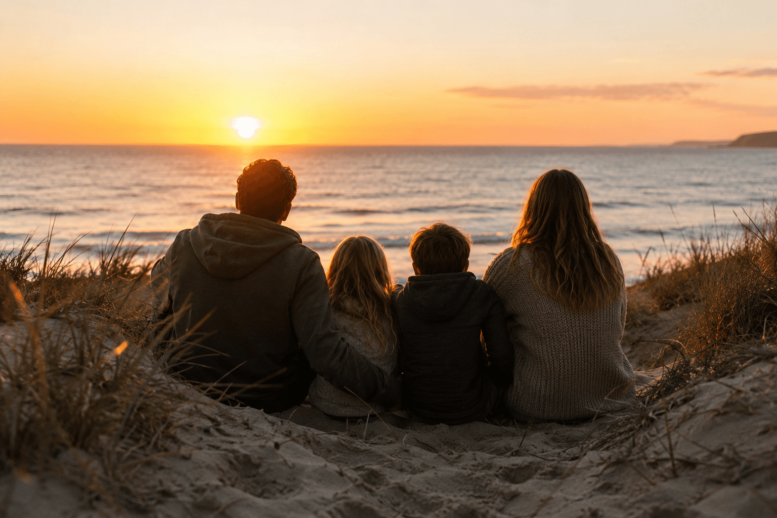 Gezin hand in hand wandelend over het strand bij zonsondergang