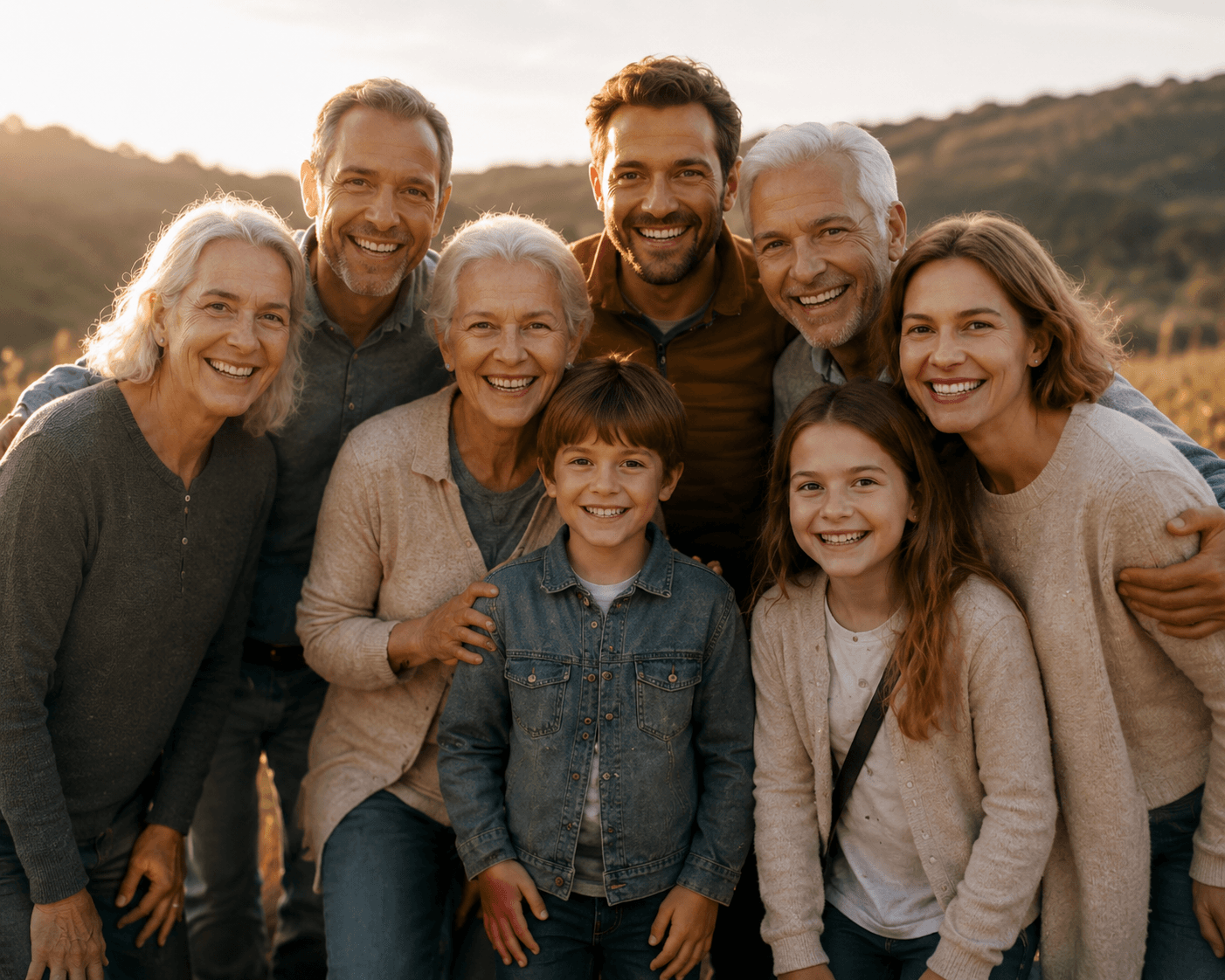 Meerdere generaties van één familie, samen lachend buiten in warm avondlicht