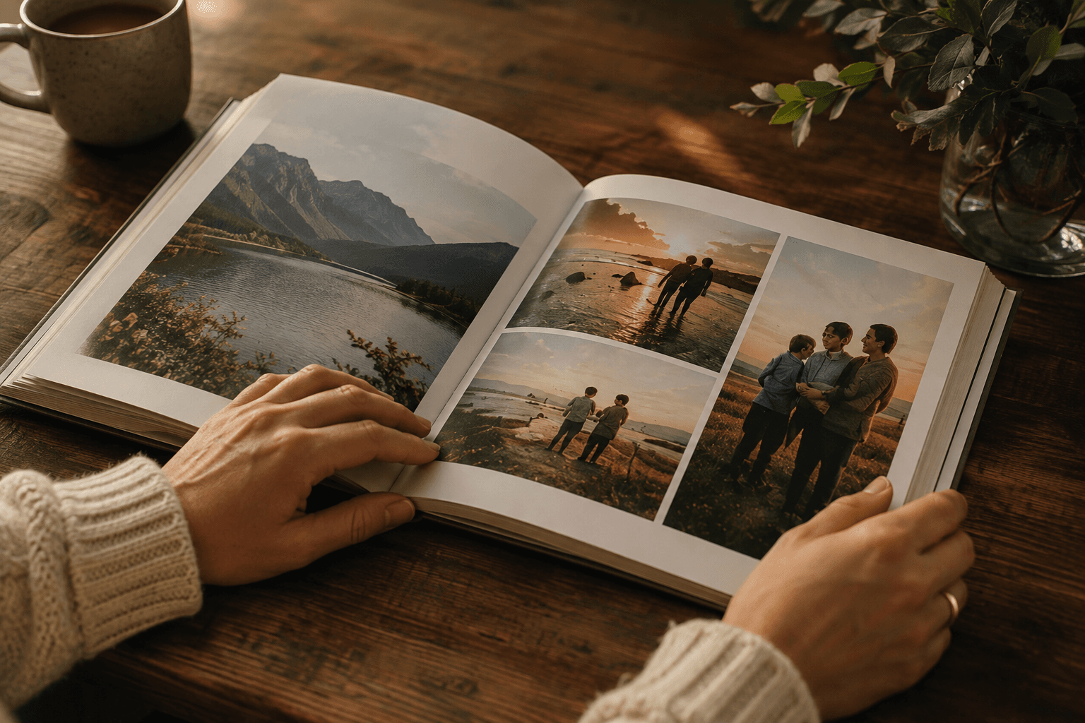 Handen houden een open fotoboek vast met herinneringen op een houten tafel